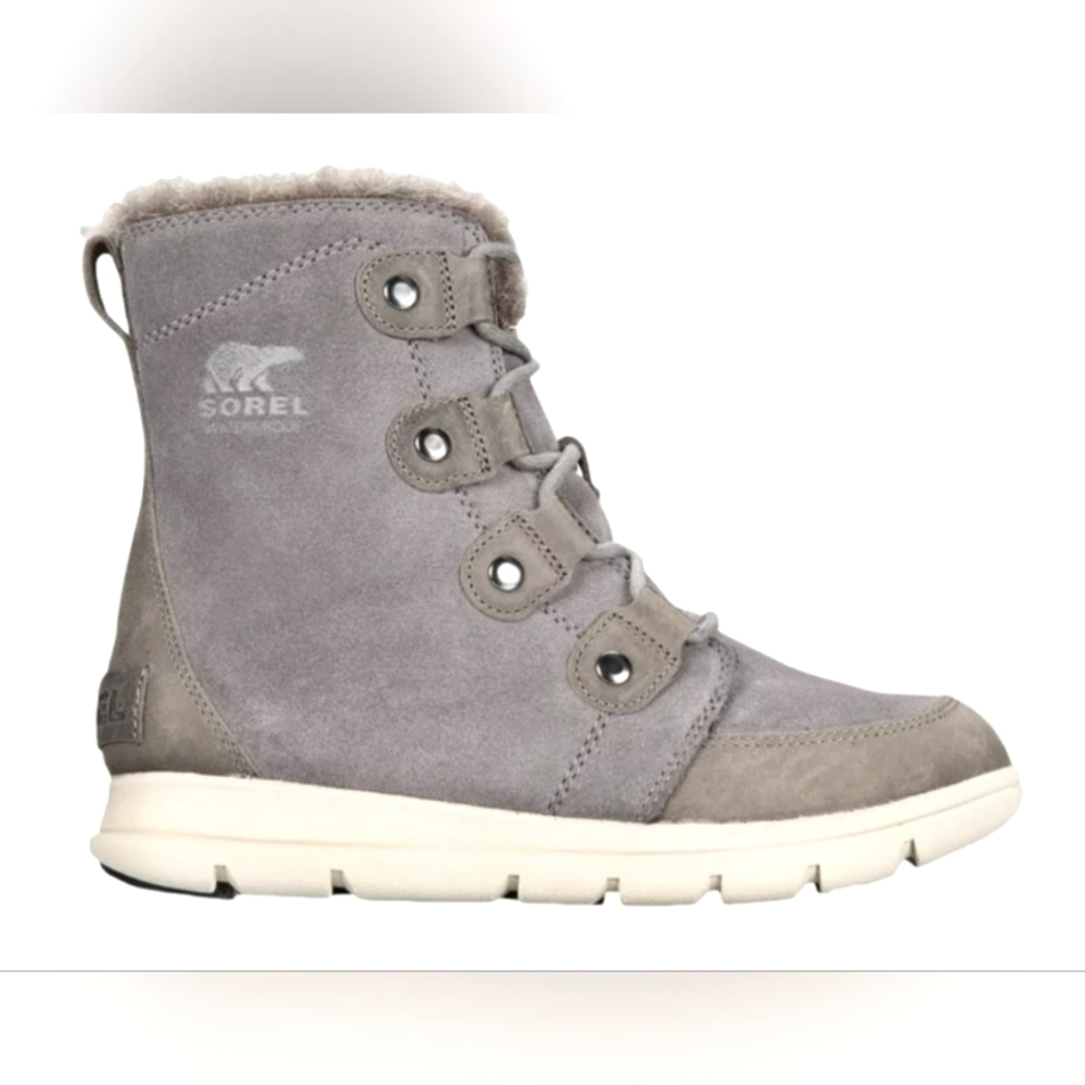 Women's Sorel Explorer Joan Boots Quarry Blk Gray Suede Size 8.5 Faux Fur Trim